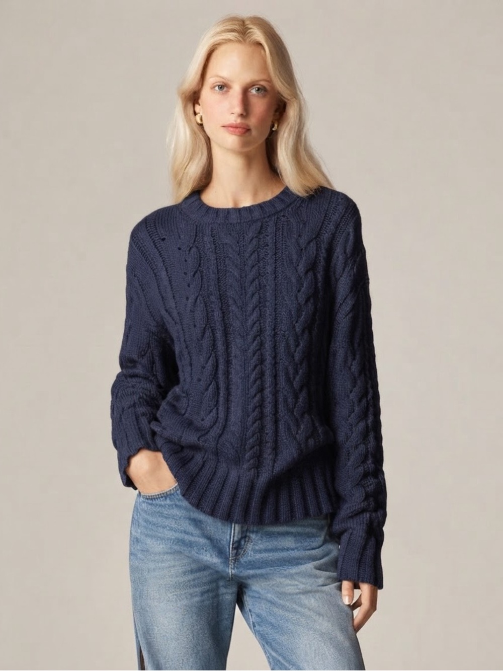 NWT J.Crew Cable-Knit Crewneck Sweater - Navy Blue - Size XS